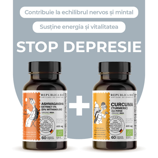 STOP DEPRESIE, pachet promotional (Ashwagandha + Curcuma), BIO, RAW, VEGAN, ecologic, 59,7 g